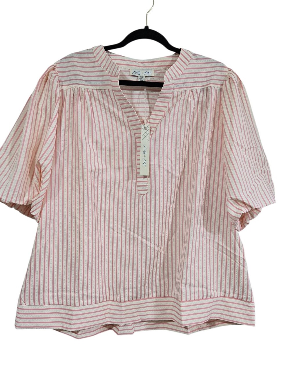 She + Sky Striped Puff-Sleeve Woven Blouse Pink White 2X XXL New